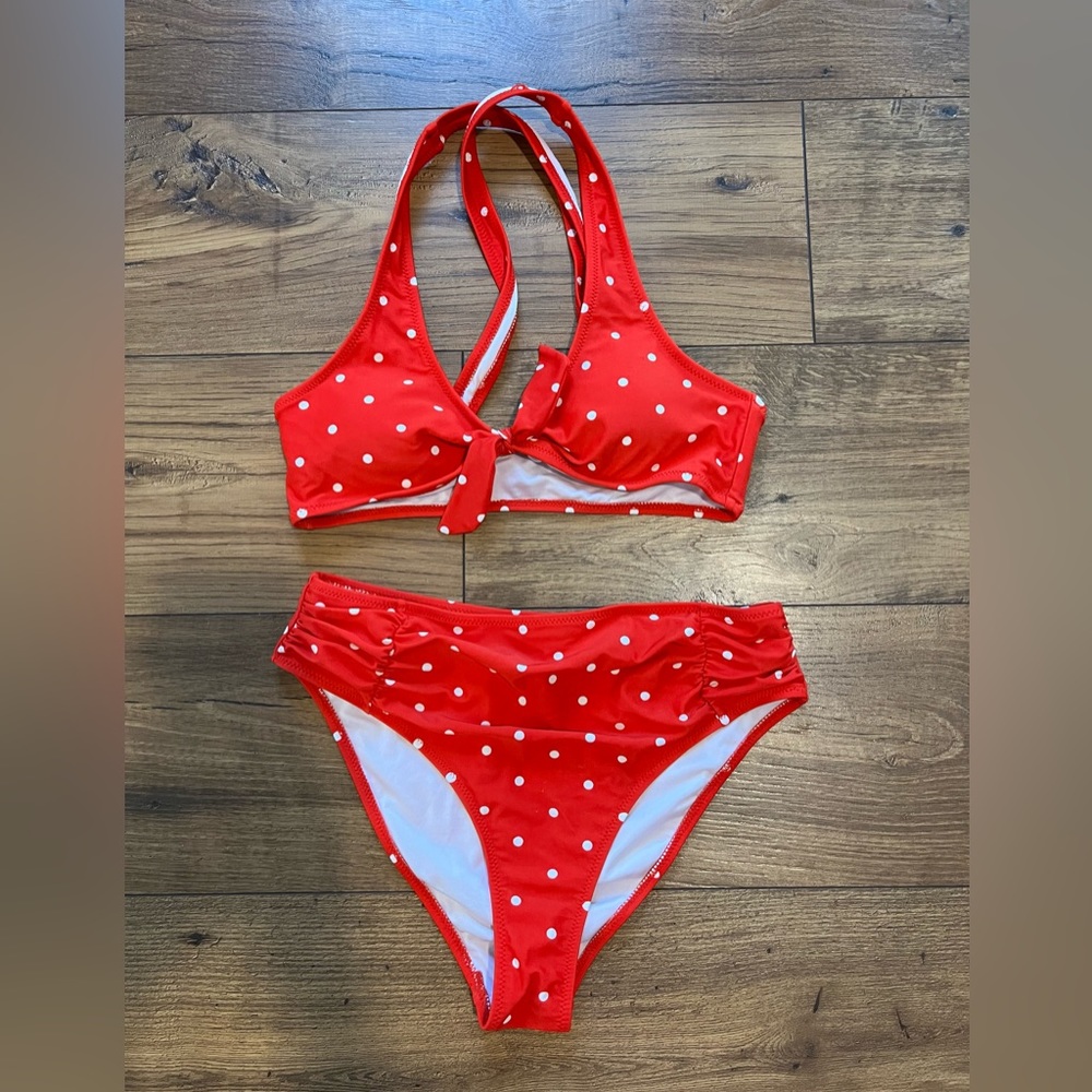 Red and white polka dot bikini